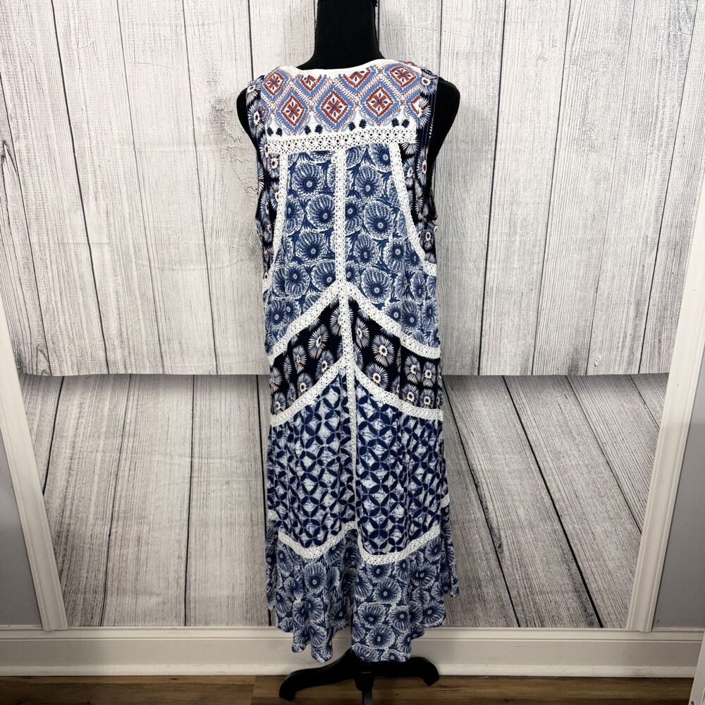 Chelsea & Theodore Women's Large Blue Floral Sleeveless Midi Dress Boho Peasant - Picture 5 of 7